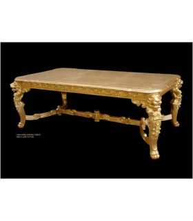 220 cm solid wood table with a golden lion head on a black background, including dimensions