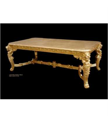 220 cm solid wood table with a golden lion head on a black background, including dimensions