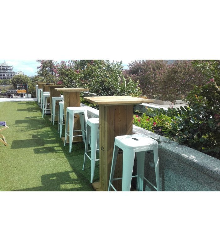 White industrial-style bar stool with wooden high table for an outdoor event
