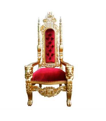 Trône en bois doré et velours rouge isolé sur fond blanc