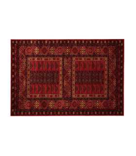 Red oriental rug 160 x 240 cm in wool, diamond frieze and Greek key border, available for booth rental at 126 Events