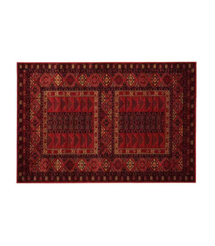 Tapis oriental rouge 160 x 240 cm en laine, losanges et bordure à grecques, à louer pour vos stands chez 126 Events
