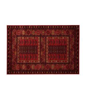 Tapis oriental rouge 160 x 240 cm en laine, losanges et bordure à grecques, à louer pour vos stands chez 126 Events