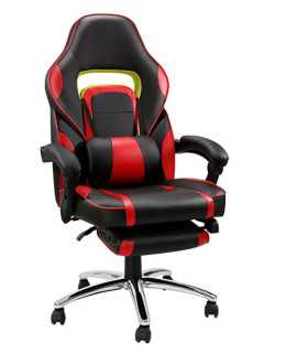 Chaise gaming noir et rouge avec repose-pieds et roulettes, en location chez 126 Events pour salon gaming et tournoi