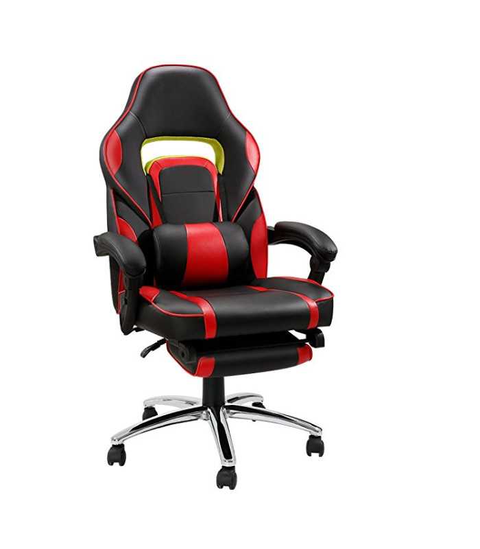 Black and red gaming chair with footrest and casters, for rent at 126 Events for video game expos and tournaments