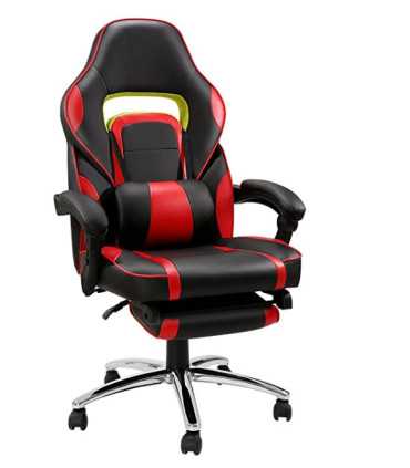 Chaise gaming noir et rouge avec repose-pieds et roulettes, en location chez 126 Events pour salon gaming et tournoi