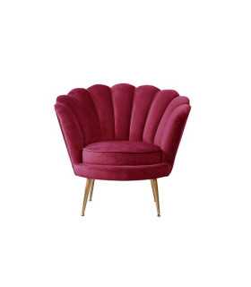 Fauteuil coquillage en velours rouge framboise et pieds dorés, vue de face, en location chez 126 Events à Paris