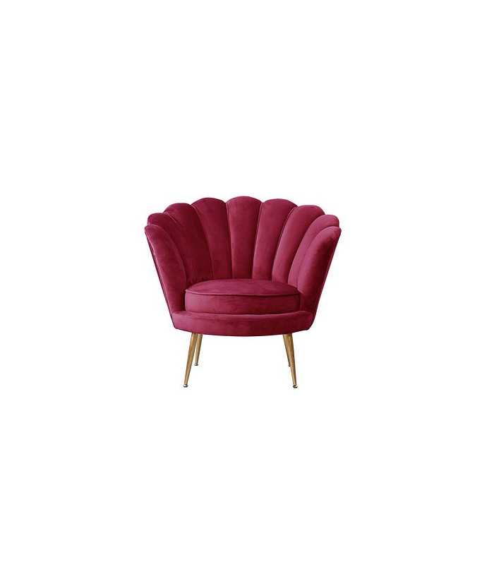 Fauteuil coquillage en velours rouge framboise et pieds dorés, vue de face, en location chez 126 Events à Paris