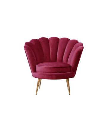 Fauteuil coquillage en velours rouge framboise et pieds dorés, vue de face, en location chez 126 Events à Paris