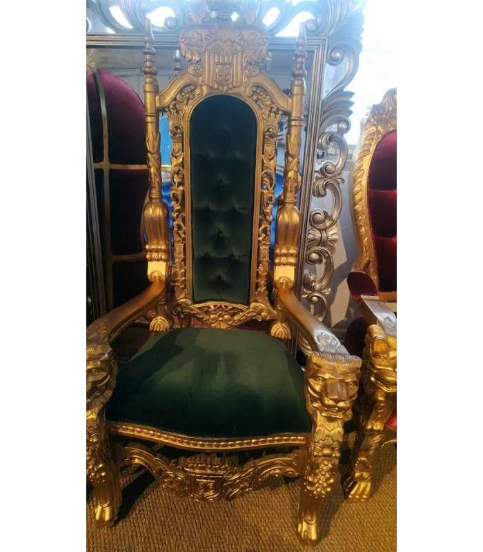 Golden Lion King throne in green velvet.