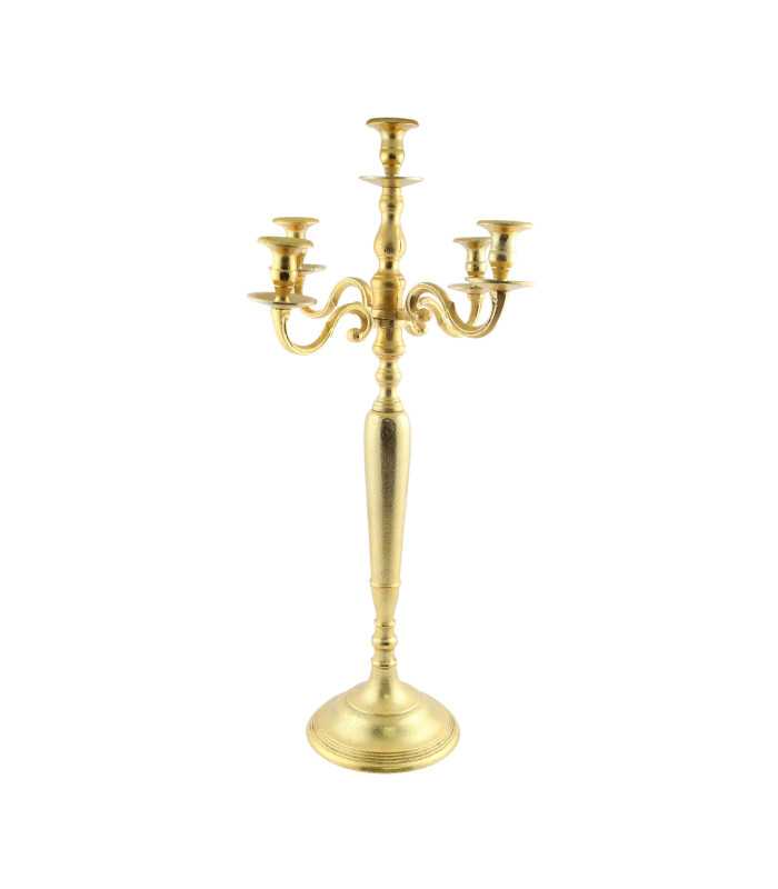 Chandelier 5 branches doré 120 cm présenté sur fond blanc.