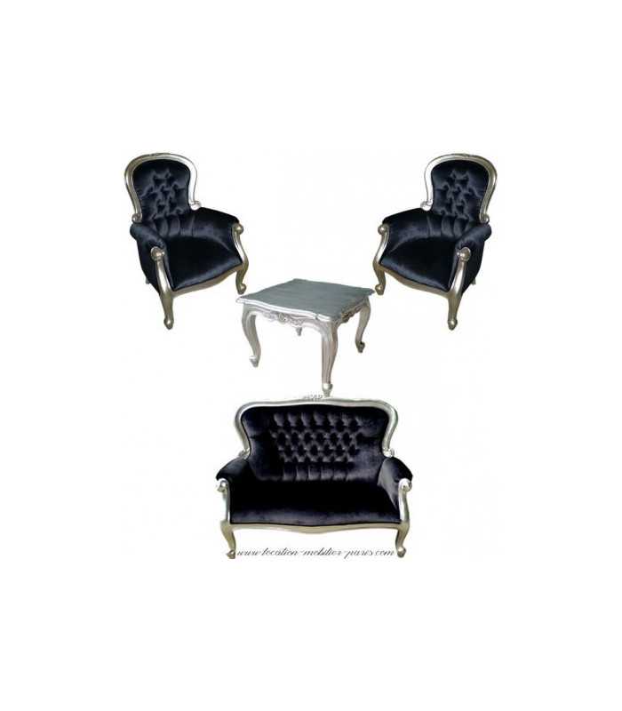 Black velvet and silver wood grandfather armchair rental