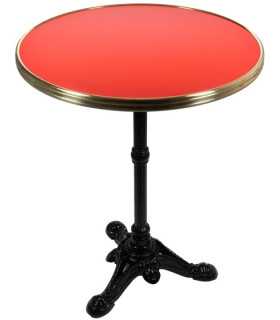 Location table de bistrot parisienne Ø 60 cm plateau rouge cerclé laiton, pied en fonte, fond blanc - 126 Events