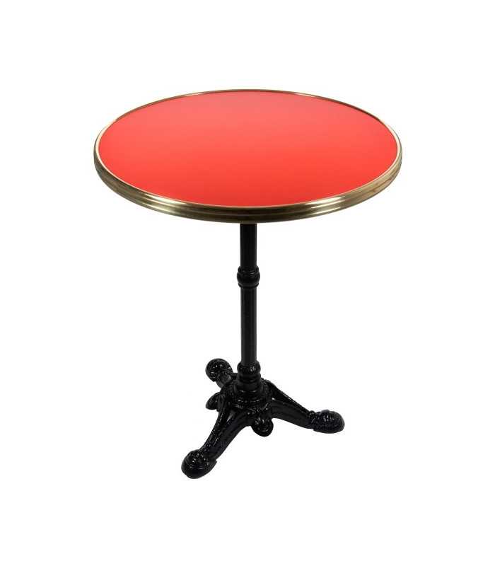 Location table de bistrot parisienne Ø 60 cm plateau rouge cerclé laiton, pied en fonte, fond blanc - 126 Events