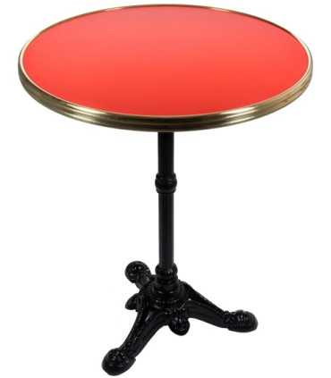 Location table de bistrot parisienne Ø 60 cm plateau rouge cerclé laiton, pied en fonte, fond blanc - 126 Events