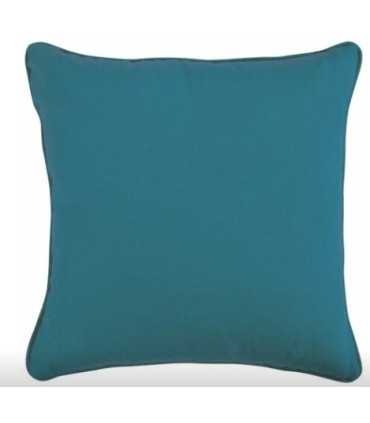 coussin carré en tissu bleu 40 x 40 cm posé sur fond blanc