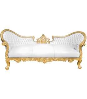 Jade gold and white faux leather sofa on a white background.