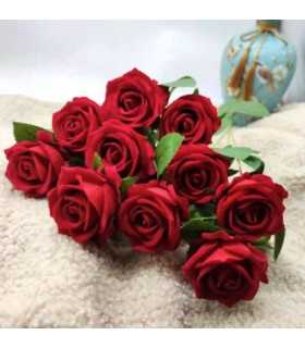 Bouquet of 10 artificial red roses H 50 cm with long stems and green leaves, available for rental from 126 Events