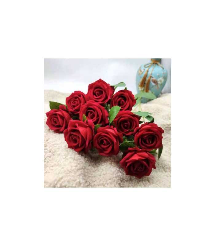Bouquet of 10 artificial red roses H 50 cm with long stems and green leaves, available for rental from 126 Events