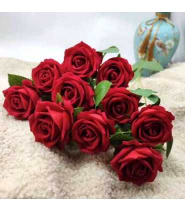 Bouquet of 10 artificial red roses H 50 cm with long stems and green leaves, available for rental from 126 Events