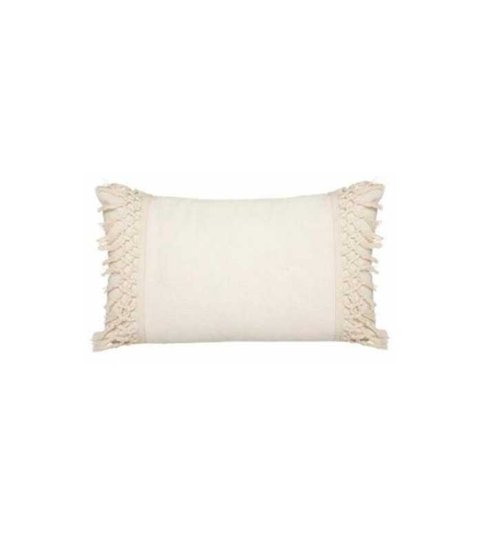 50 x 30 cm ecru bohemian chic cushion with bangs and macramé on white background
