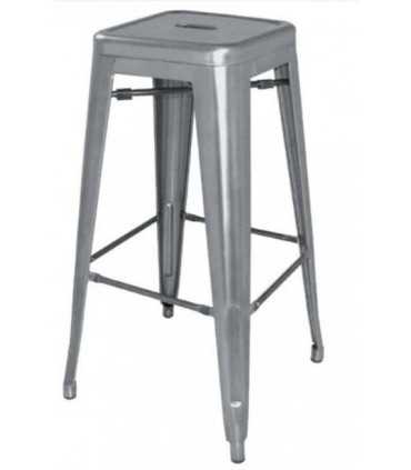 Tabouret haut en métal gris vu de côté sur fond blanc