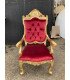 Golden throne armchair with red velvet upholstery, high sculpted backrest, red velvet seat.