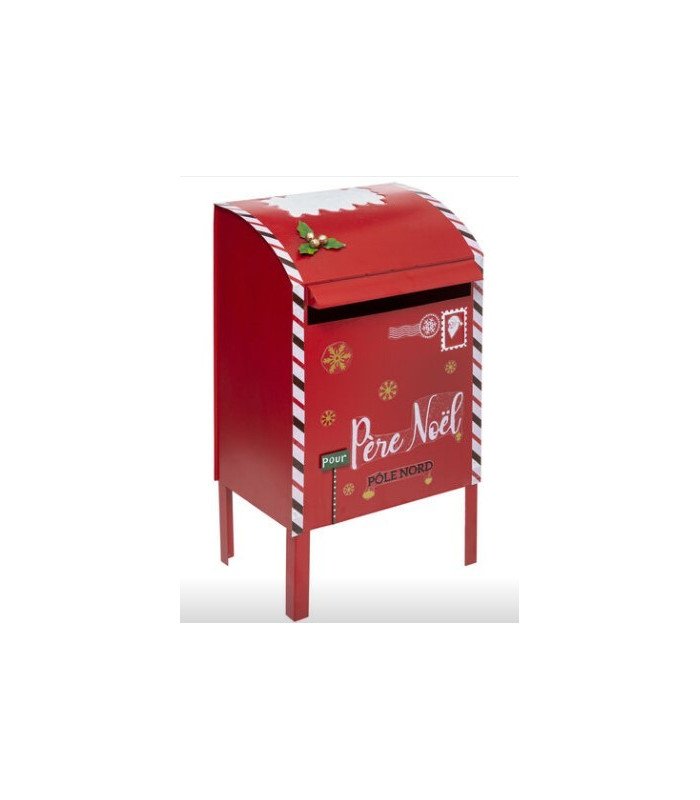 Red metal Santa Claus mailbox seen from the front on a white background, decorative Christmas element for events