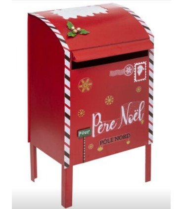 Red metal Santa Claus mailbox seen from the front on a white background, decorative Christmas element for events