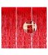 Three panels of red metallic fringe curtain with a close-up of the strands, backdrop rental from 126 Events