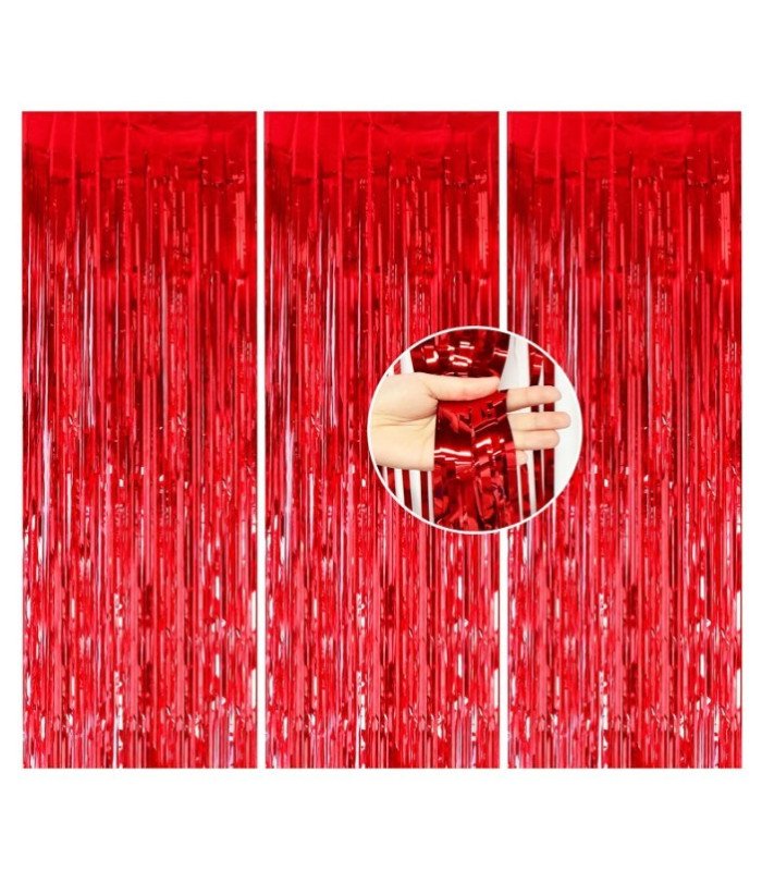 Three panels of red metallic fringe curtain with a close-up of the strands, backdrop rental from 126 Events
