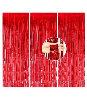 Three panels of red metallic fringe curtain with a close-up of the strands, backdrop rental from 126 Events