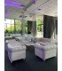 Beige linen Chesterfield sofa, seats 3, with matching table and armchair