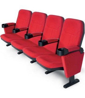 Row of 4 red fabric movie theater seats, flip-up seating and cup holders, rental by 126 Events