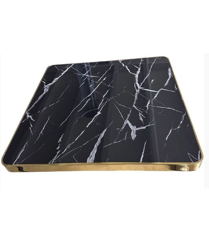 Plateau de la table de bistrot carré noir avec cerclage laiton doré