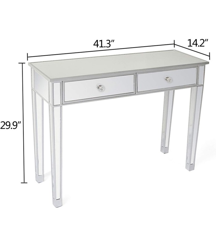Console 2 tiroirs tout en miroir sur fond blanc avec dimensions