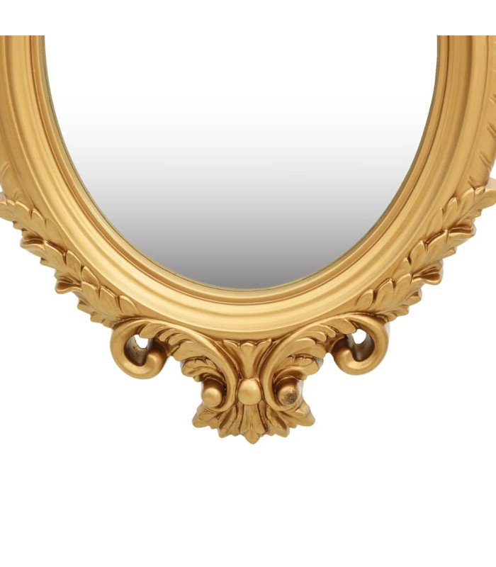 Détail du bas du miroir baroque doré L 56 x H 76 cm, motifs sculptés et moulures en relief