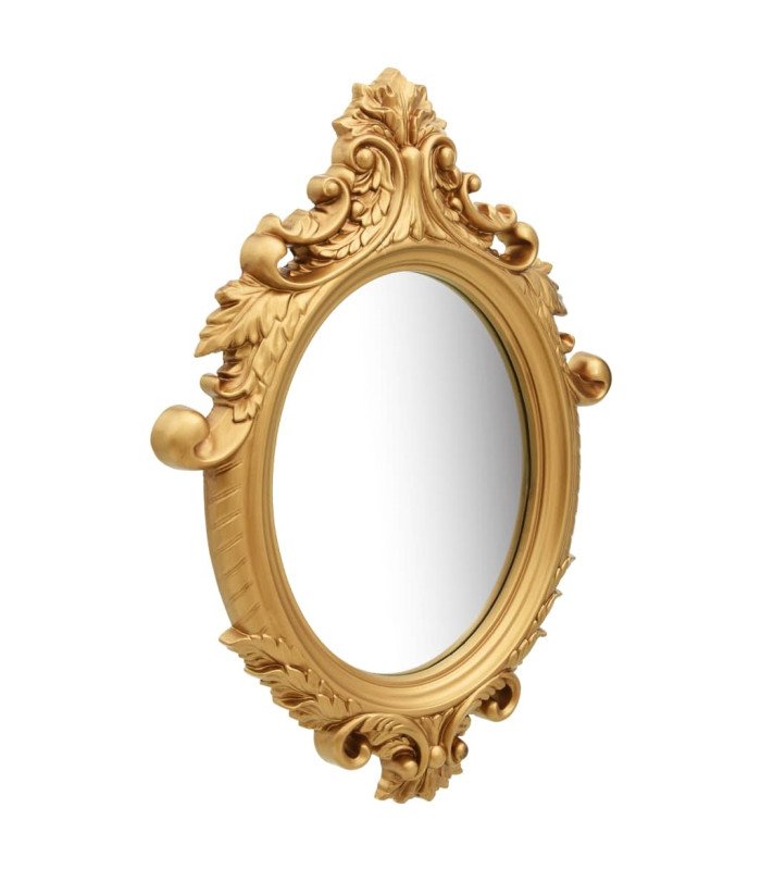 Vue latérale du miroir baroque doré L 56 x H 76 cm, encadrement en bois mouluré doré et miroir biseauté