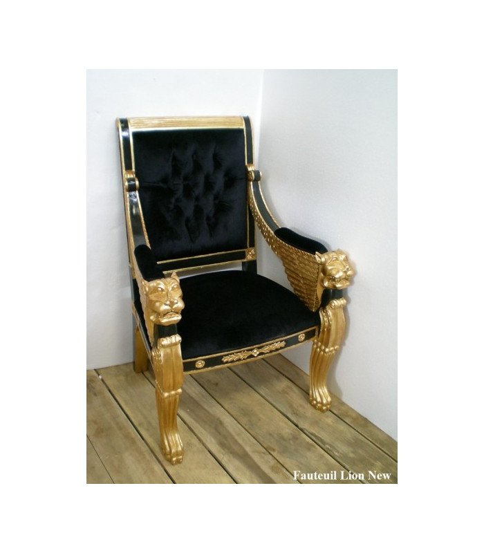 Fauteuil Lion New Velours Noir Et Bois Dore