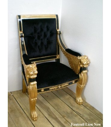 Fauteuil Lion New Velours Noir Et Bois Dore