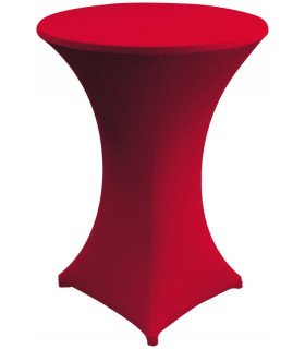 Red stretch cover on a Ø 60 cm cocktail table, fitted to the floor, available for rent from 126 Events for receptions