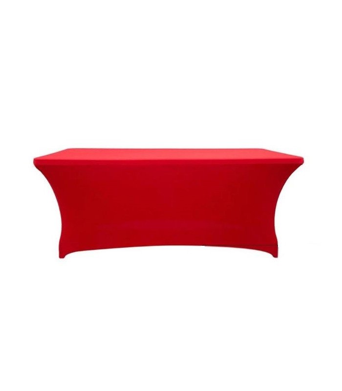 Housse rouge en lycra installée sur une table buffet 180 × 80 cm, fond blanc, vue produit neutre