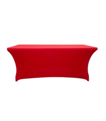 Housse rouge en lycra installée sur une table buffet 180 × 80 cm, fond blanc, vue produit neutre