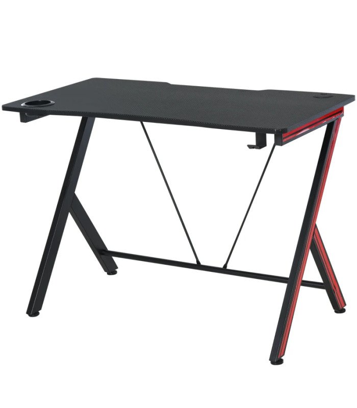 Table gaming rouge et noir 105 cm en location sur fond blanc avec plateau noir, détails rouges.