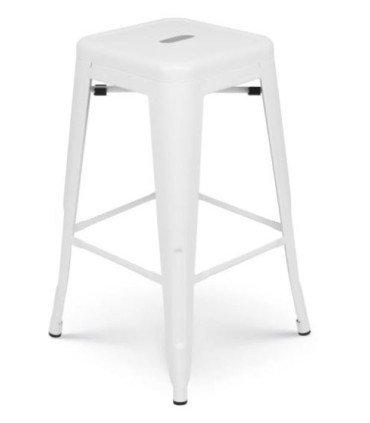 White industrial-style bar stool seen from the side against a white background