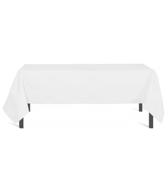Nappe blanche rectangulaire 140 × 300 cm installée sur une table de réception, sur fond blanc.
