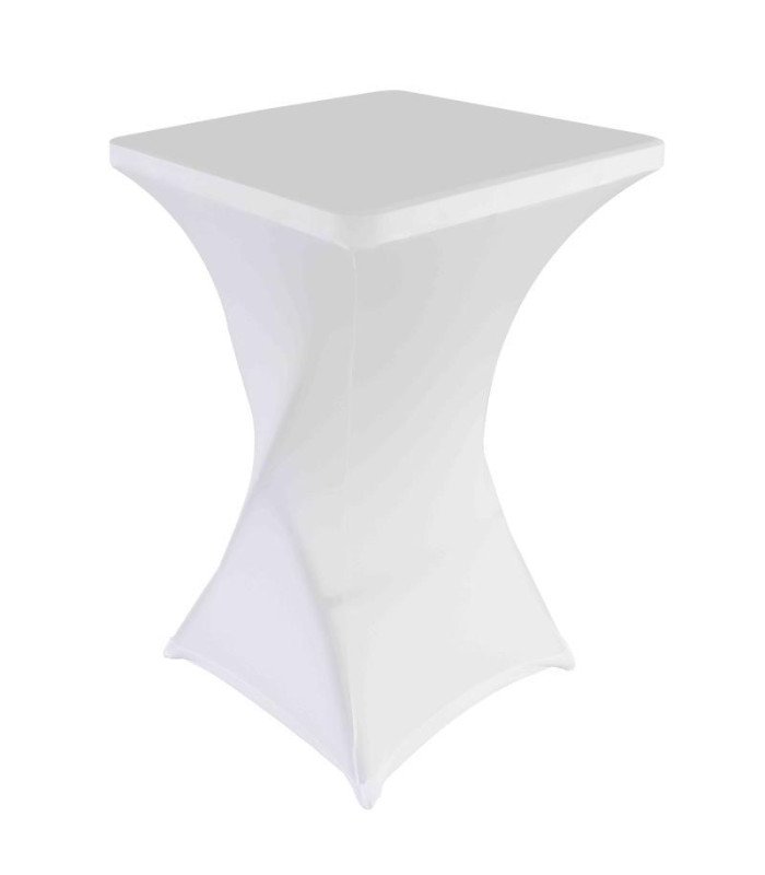 White stretch fabric cover fitted over a square 70 × 70 cm bar table, presented on a neutral background.