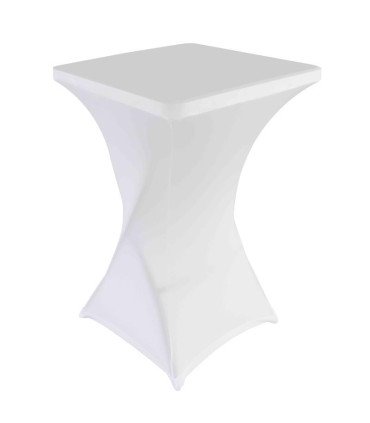 White stretch fabric cover fitted over a square 70 × 70 cm bar table, presented on a neutral background.