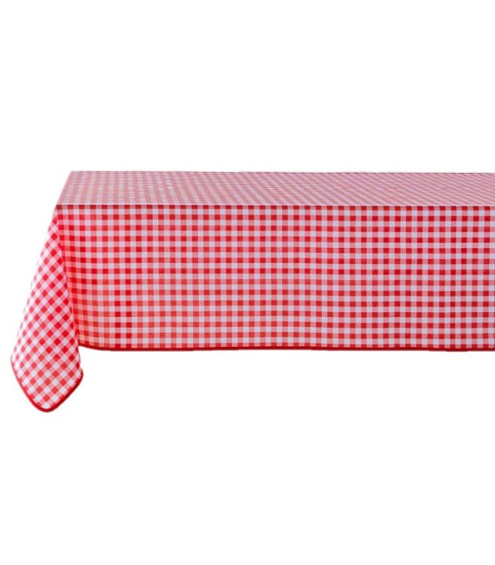 nappe rectangulaire rouge et blanc motif vichy installée sur une table de réception.