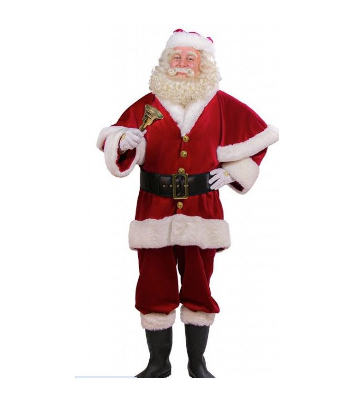 Professional-quality plush Santa Claus costume worn by a man.